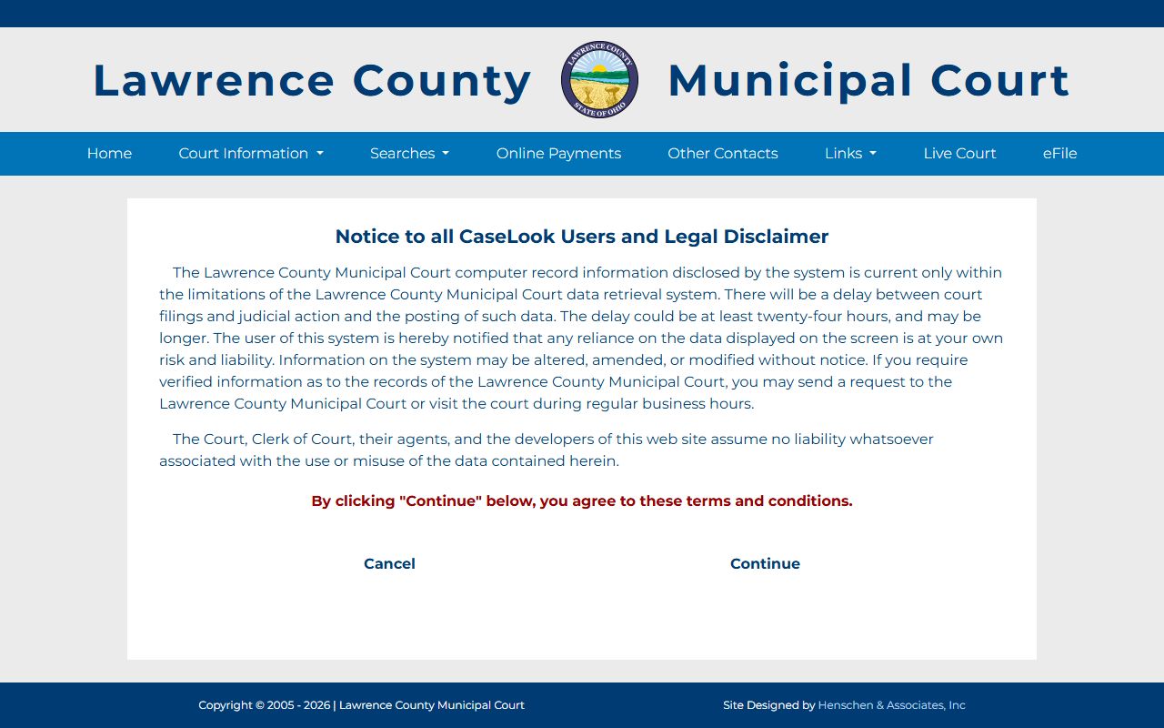 Lawrence County court records after arrest municipal record search page