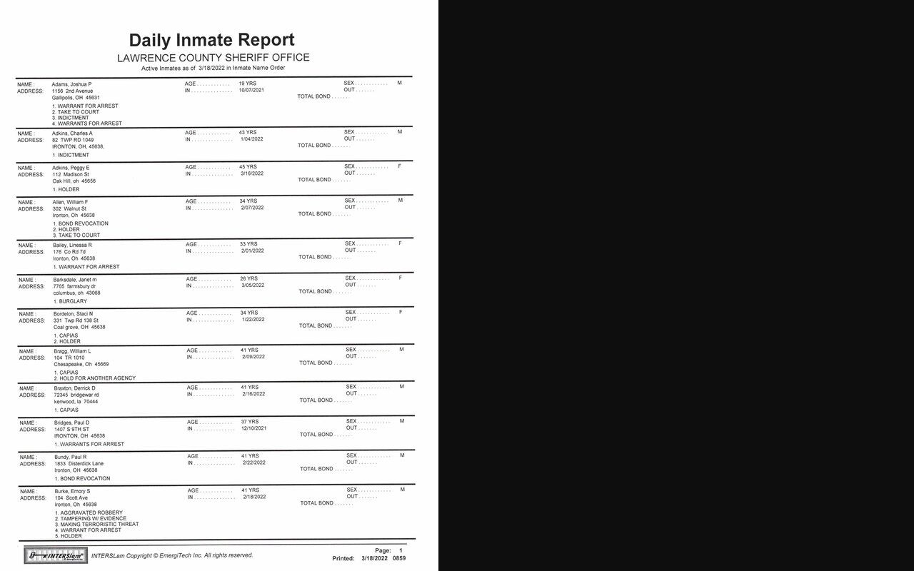 Lawrence County inmate records Daily Inmate Report fields
