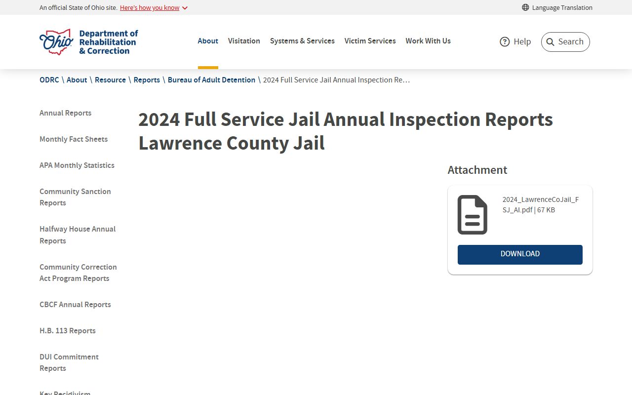 Lawrence County Jail ODRC inspection record page